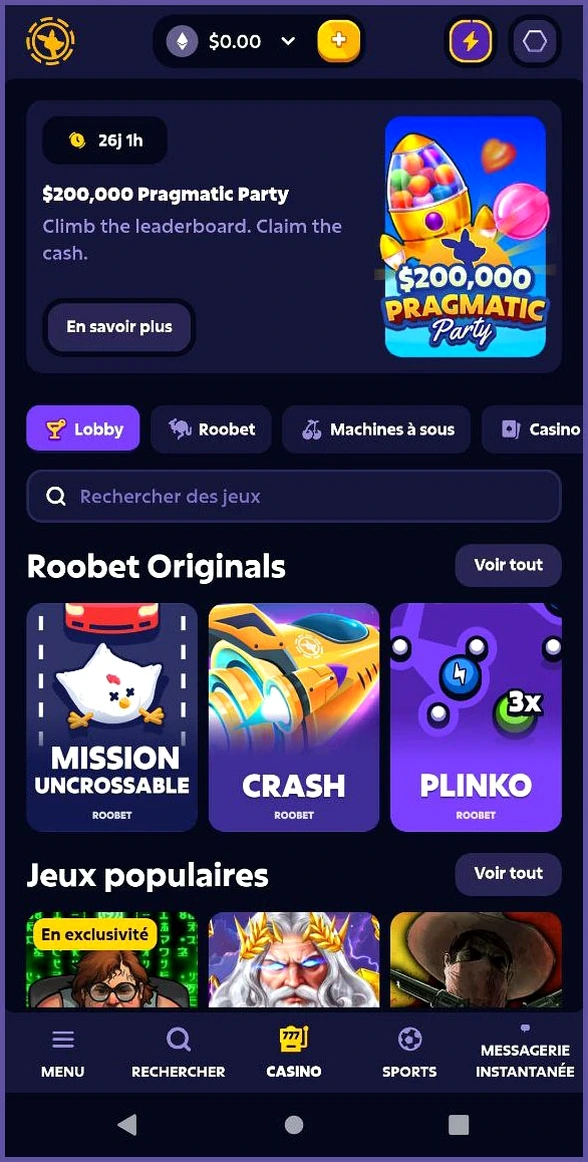 Lobby central pour les jeux de casino en direct